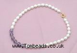 CFN432 9 - 10mm rice white freshwater pearl & amethyst gemstone necklace