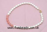 CFN434 9 - 10mm rice white freshwater pearl & cherry quartz necklace