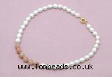 CFN436 9 - 10mm rice white freshwater pearl & moonstone gemstone necklace