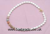 CFN437 9 - 10mm rice white freshwater pearl & rainbow moonstone necklace