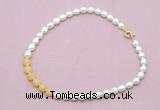 CFN442 9 - 10mm rice white freshwater pearl & honey jade necklace