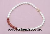 CFN444 9 - 10mm rice white freshwater pearl & red banded agate necklace