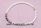 CFN445 9 - 10mm rice white freshwater pearl & rhodonite gemstone necklace