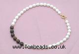 CFN446 9 - 10mm rice white freshwater pearl & bronzite gemstone necklace