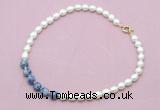 CFN450 9 - 10mm rice white freshwater pearl & blue spot stone necklace