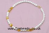 CFN522 9mm - 10mm potato white freshwater pearl & yellow banded agate necklace