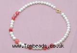 CFN523 9mm - 10mm potato white freshwater pearl & red banded agate necklace