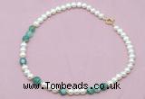 CFN524 9mm - 10mm potato white freshwater pearl & green banded agate necklace