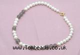 CFN543 9mm - 10mm potato white freshwater pearl & grey agate necklace