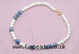 CFN550 9mm - 10mm potato white freshwater pearl & blue spot stone necklace