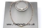 CFN603 4mm faceted round rainbow moonstone & potato white freshwater pearl jewelry set