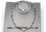 CFN611 4mm faceted round black rutilated quartz & potato white freshwater pearl jewelry set
