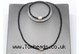 CFN627 4mm faceted round black spinel & potato white freshwater pearl jewelry set