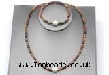 CFN638 4mm faceted round picasso jasper & potato white freshwater pearl jewelry set