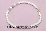 CFN703 9mm - 10mm potato white freshwater pearl & lavender amethyst necklace