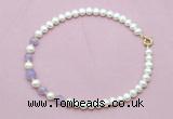 CFN705 9mm - 10mm potato white freshwater pearl & lavender amethyst necklace