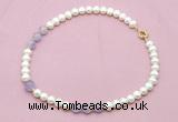 CFN706 9mm - 10mm potato white freshwater pearl & lavender amethyst necklace