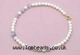 CFN707 9mm - 10mm potato white freshwater pearl & lavender amethyst necklace