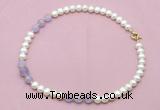 CFN708 9mm - 10mm potato white freshwater pearl & lavender amethyst necklace