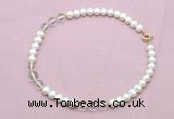 CFN710 9mm - 10mm potato white freshwater pearl & white crystal necklace