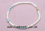 CFN716 9mm - 10mm potato white freshwater pearl & aquamarine necklace