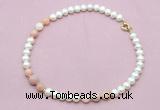 CFN721 9mm - 10mm potato white freshwater pearl & pink opal necklace