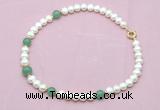 CFN726 9mm - 10mm potato white freshwater pearl & green aventurine necklace