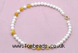 CFN729 9mm - 10mm potato white freshwater pearl & yellow banded agate necklace