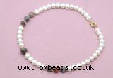 CFN735 9mm - 10mm potato white freshwater pearl & botswana agate necklace