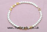 CFN740 9mm - 10mm potato white freshwater pearl & honey jade necklace