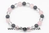 CGB8004 8mm black agate, white crystal & rose quartz beaded stretchy bracelets