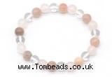 CGB8008 8mm white crystal, rose quartz & sunstone beaded stretchy bracelets