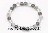 CGB8018 8mm white crystal, black rutilated quartz & smoky quartz beaded stretchy bracelets