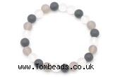 CGB8085 8mm matte white crystal, black agate & grey agate beaded stretchy bracelets