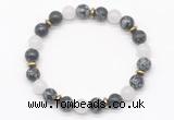 CGB8123 8mm snowflake obsidian, white jade & hematite power beads bracelet