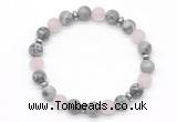 CGB8157 8mm grey picture jasper, matte rose quartz & hematite power beads bracelet
