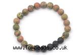 CGB8296 8mm matte unakite & black lava beaded mala stretchy bracelets