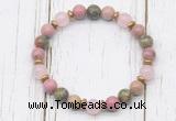 CGB8445 8mm pink wooden jasper, unakite, rose quartz & hematite power beads bracelet