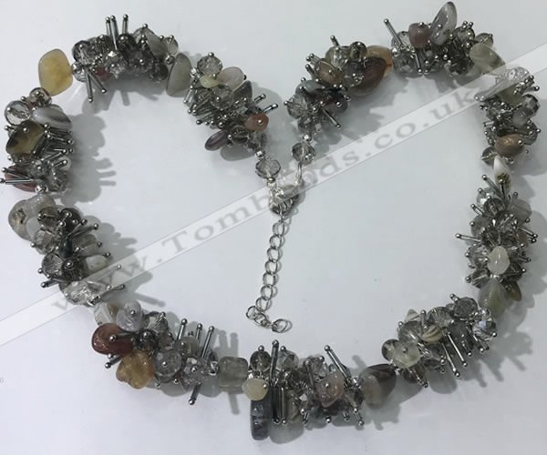 CGN409 19.5 inches chinese crystal & grey agate chips beaded necklaces