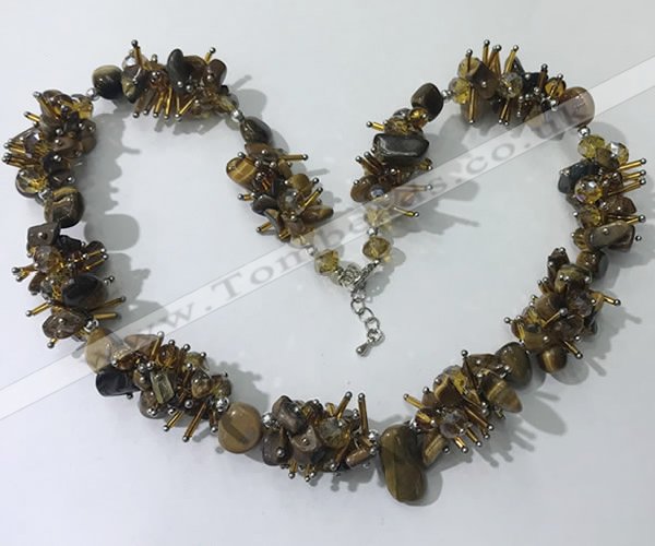 CGN416 19.5 inches chinese crystal & yellow tiger eye chips beaded necklace