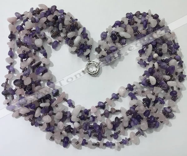 CGN734 19.5 inches stylish 6 rows amethyst & rose quartz chips necklaces