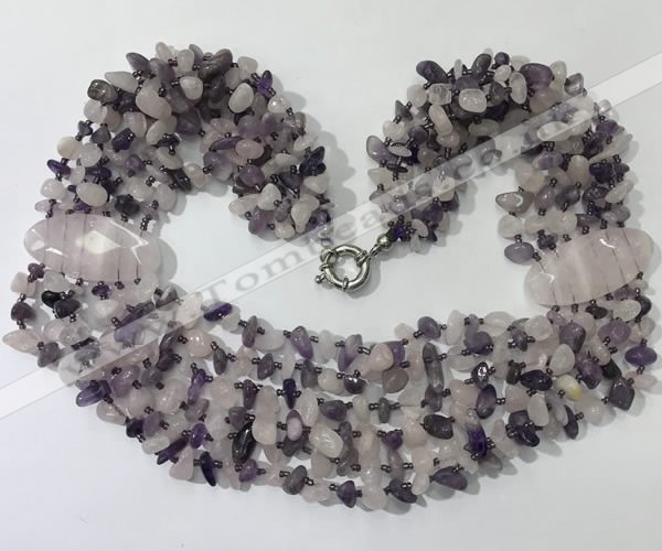 CGN759 20 inches stylish 6 rows amethyst & rose quartz chips necklaces