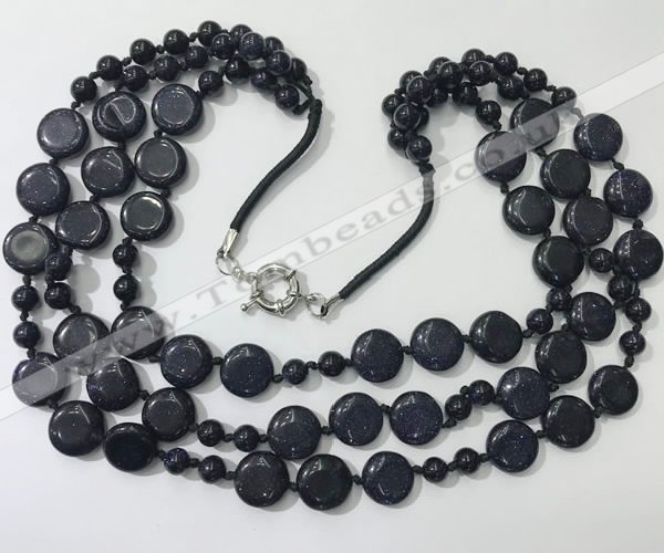 CGN801 23.5 inches stylish 3 rows round & coin blue goldstone necklaces