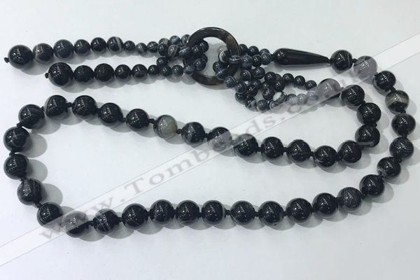 CGN865 27 inches trendy 12mm round striped agate tassel necklaces