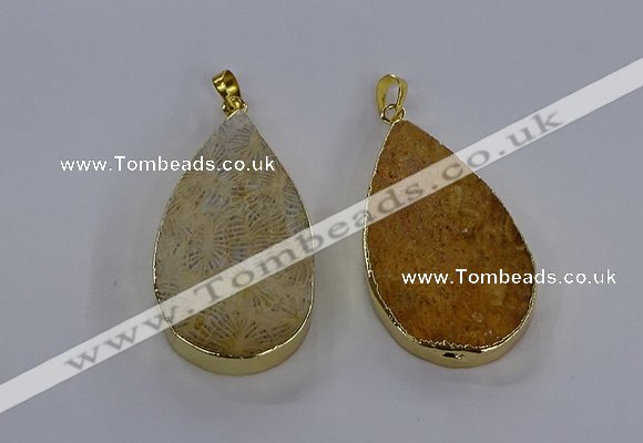CGP3016 28*50mm flat teardrop fossil coral pendants wholesale