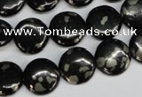 CJB158 15.5 inches 14mm flat round natural jet & pyrite gemstone beads