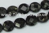 CLB305 15.5 inches 12mm faceted flat round black labradorite beads