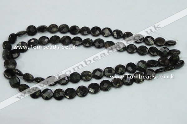 CLB305 15.5 inches 12mm faceted flat round black labradorite beads