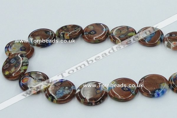 CLG555 16 inches 20mm flat round goldstone & lampwork glass beads