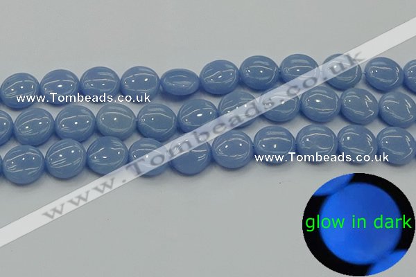 CLU133 15.5 inches 14mm flat round blue luminous stone beads